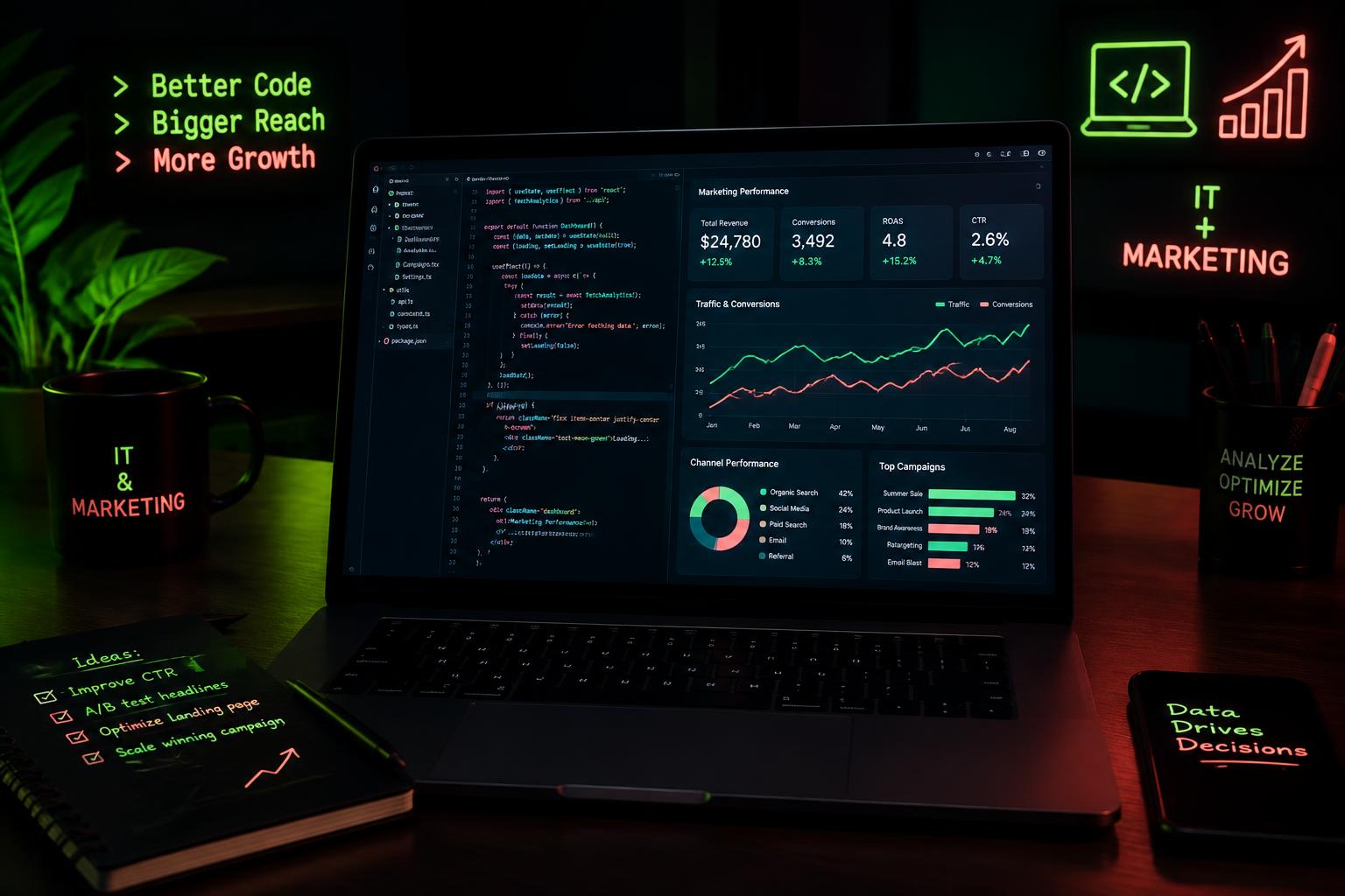 Code and marketing analytics on a laptop